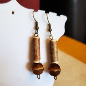 Bronze Hook Wood and Tiger's Eye Bead Earrings NWT